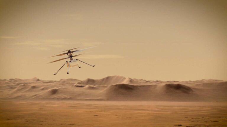 An artist's concept of NASA's Ingenuity Mars Helicopter flying through the Martian skies