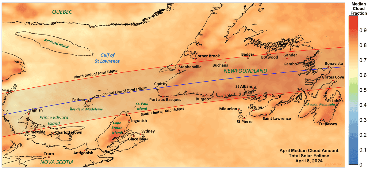 Path of the April 8, 2024, total solar eclipse over Newfoundland, Canada