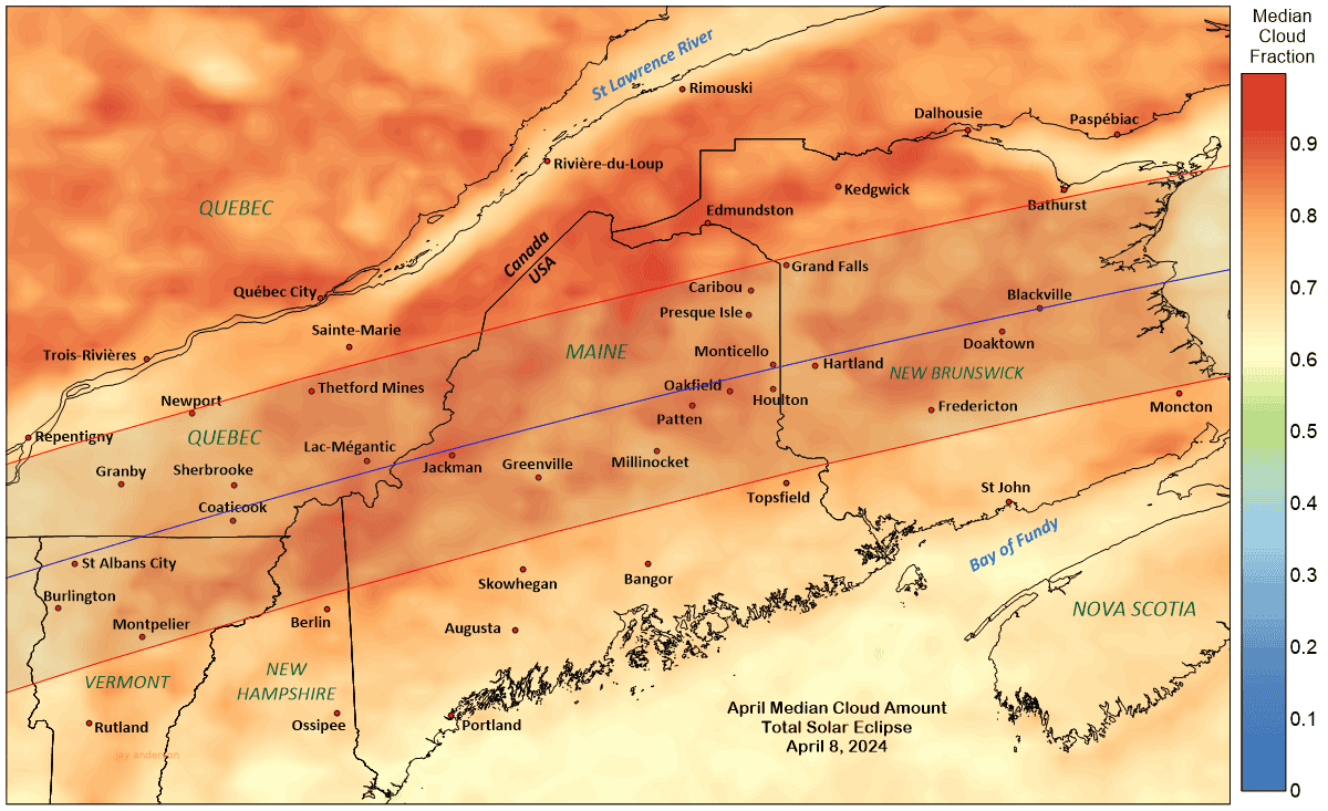 Path of the April 8, 2024, total solar eclipse over Vermont, New Hampshire, and Maine