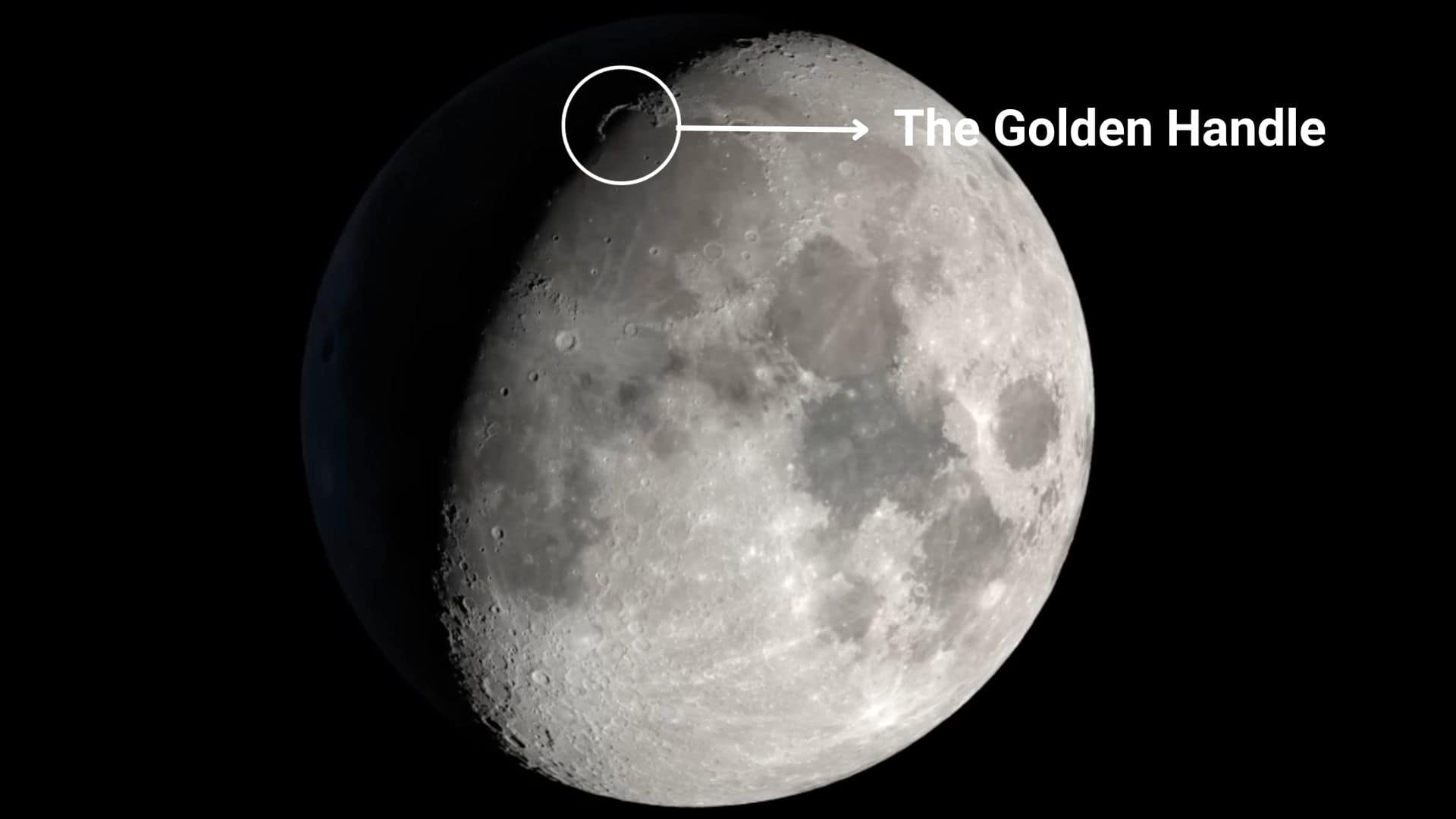 The Golden Handle is seen on the lunar terminator during the waxing gibbous moon