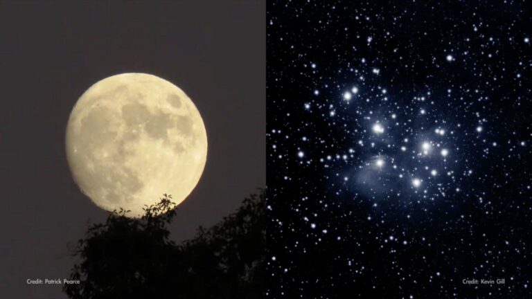 The moon and Pleiades star cluster as seen from binoculars or a small telescope