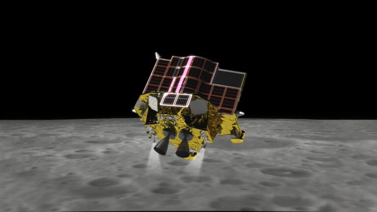 An artist's illustration shows Japan's SLIM spacecraft before landing on the lunar surface