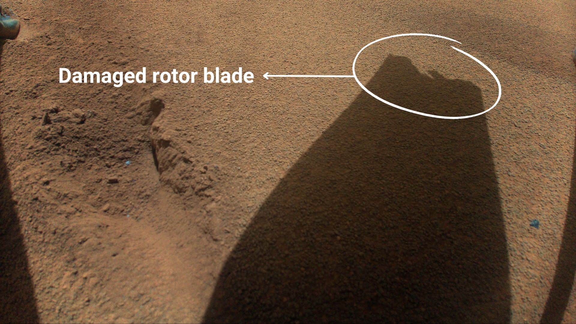 Damaged rotor blade of the Ingenuity Mars helicopter