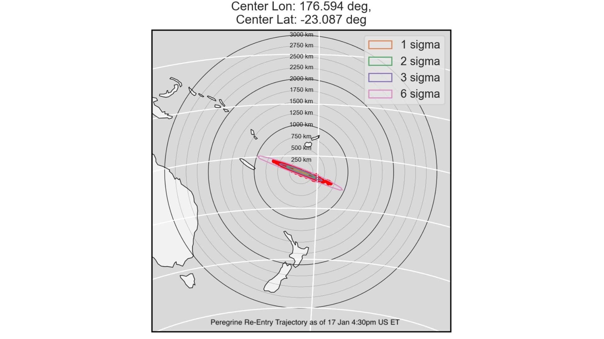 Re-entry trajectory of Peregrine spacecraft into the Earth's atmosphere over a remote area of the South Pacific