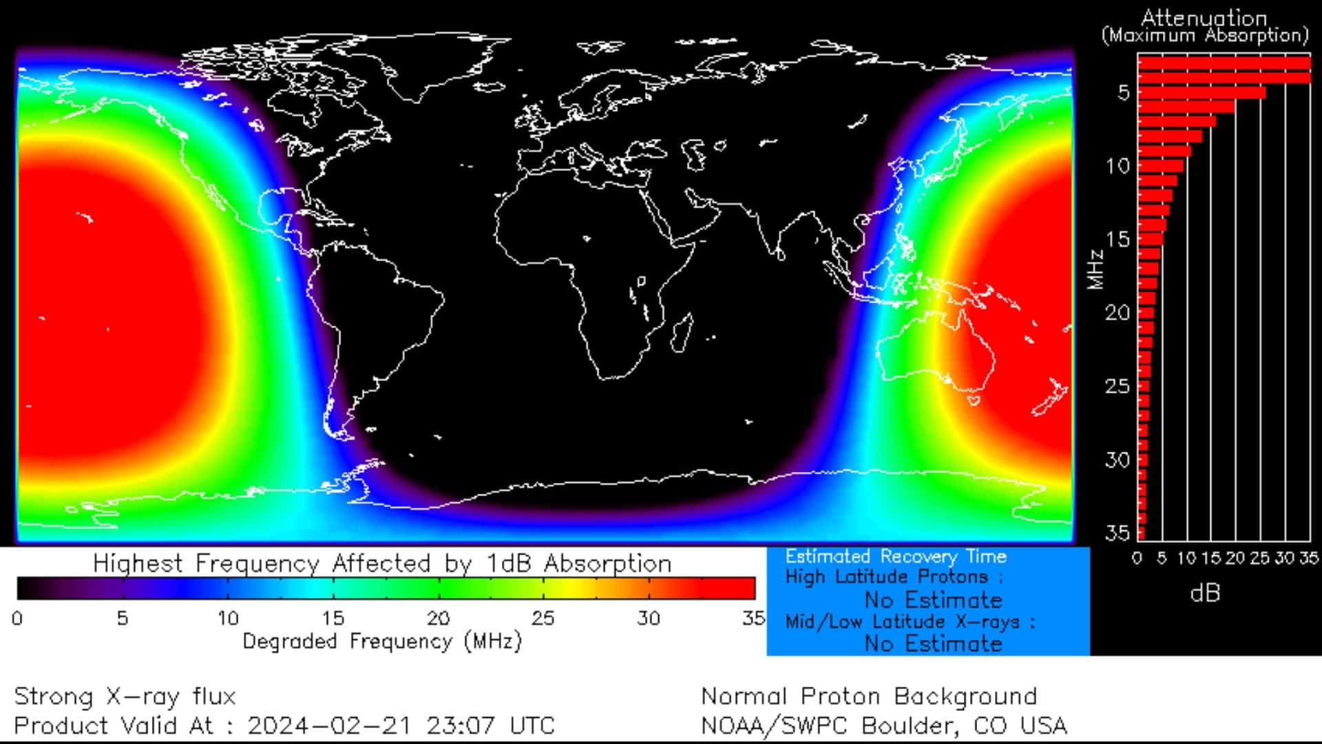 Affected areas due to strong X-flare on February 21, 2024