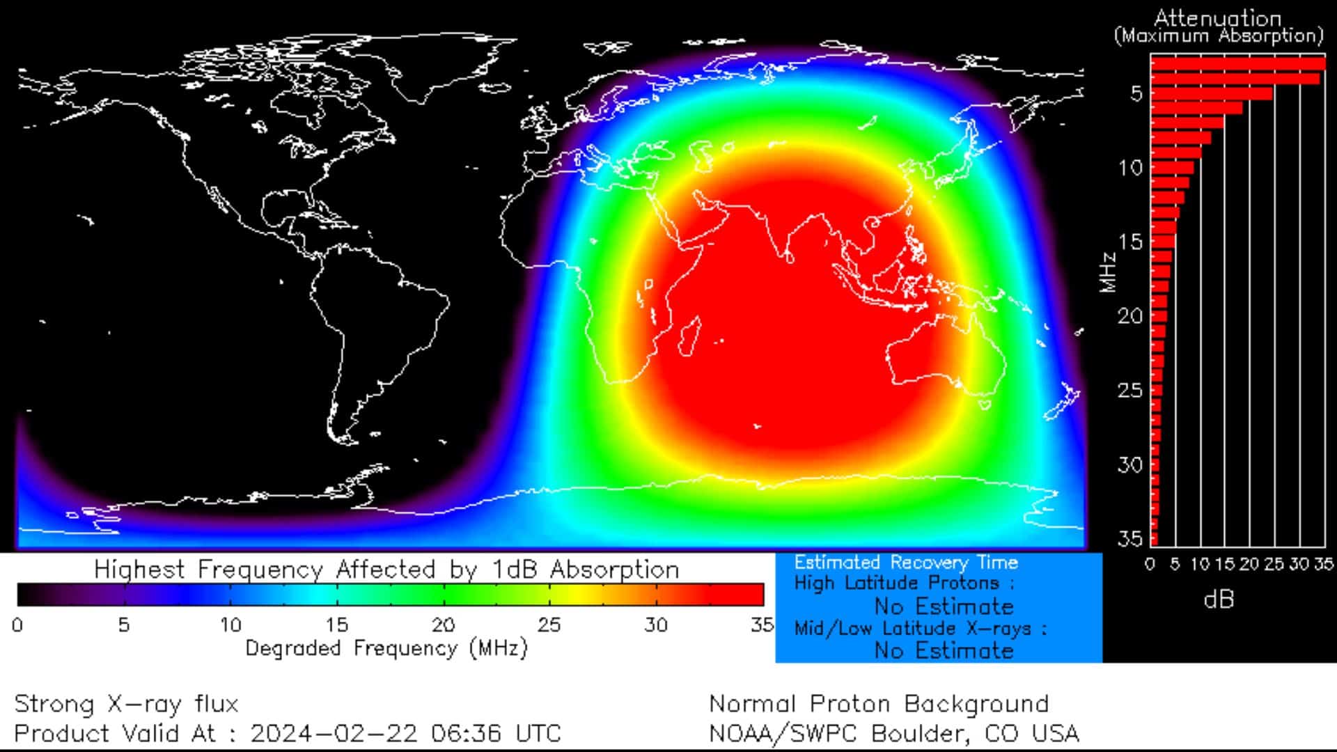 Affected areas due to strong X-flare on February 22, 2024