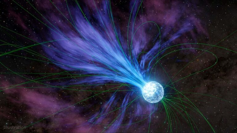 An artist's illustration shows a magnetar losing material into space