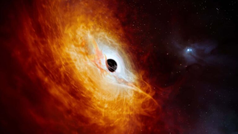 An artist's illustration shows the hungriest supermassive black hole, which has created the most luminous quasar in the universe