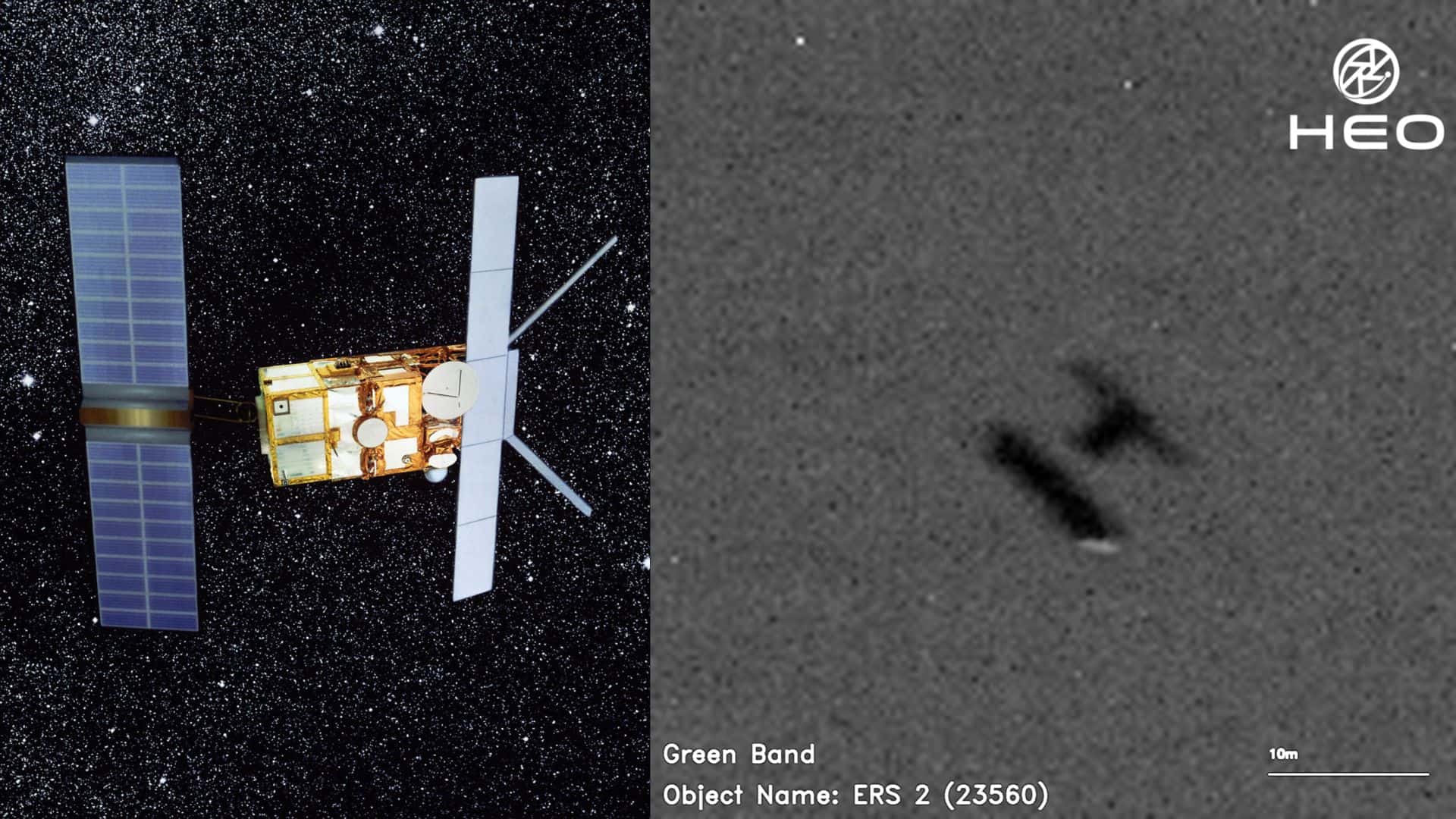Artist's illustration of the ERS-2 satellite vs. HEO's captured ERS-2 satellite