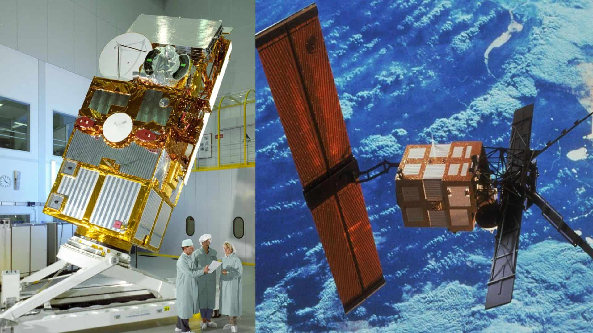 ERS-2 satellite in the cleanroom vs. ERS-2 satellite in orbit
