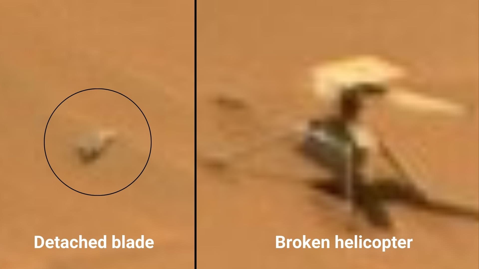 Zoomed image of the broken Ingenuity helicopter and its detached rotor blade