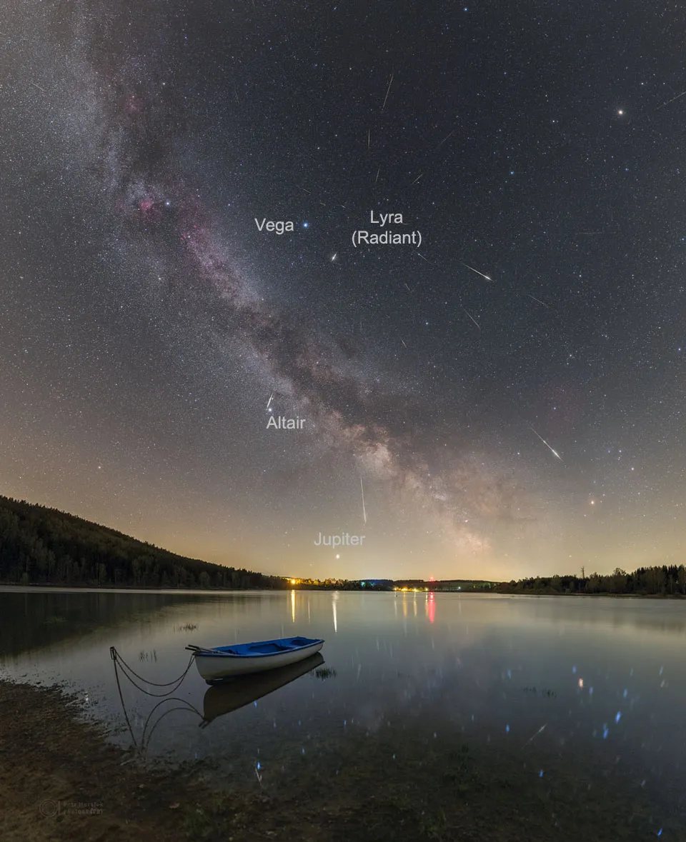 A composite image of the Lyrid meteor shower, radiating near the bright star Vega (full)