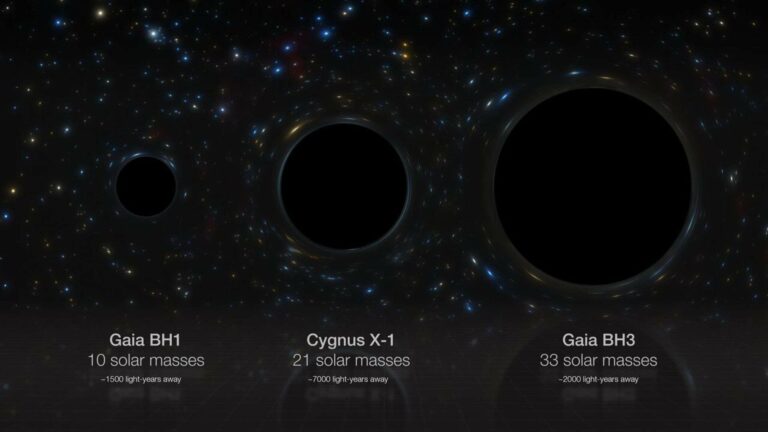 An artist's illustration compares the three heaviest stellar black holes in our Milky Way galaxy