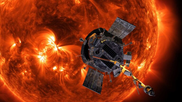 An artist’s illustration of the Parker Solar Probe spacecraft approaching the sun