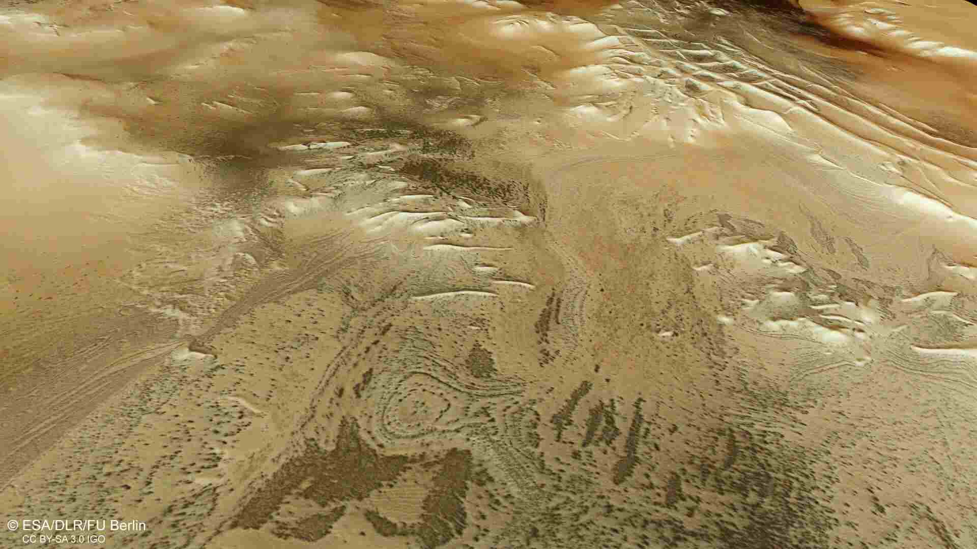 ESA's Mars Express spacecraft captured the spider-shaped patterns from Mars orbit