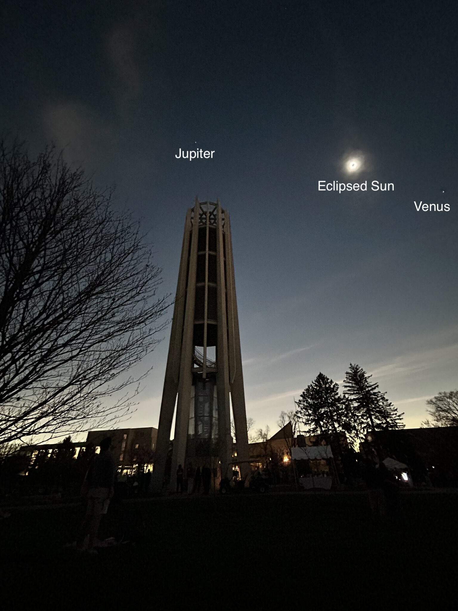 Eclipsed Sun with Jupiter and Venus on April 8, 2024, from Indiana University Bloomington