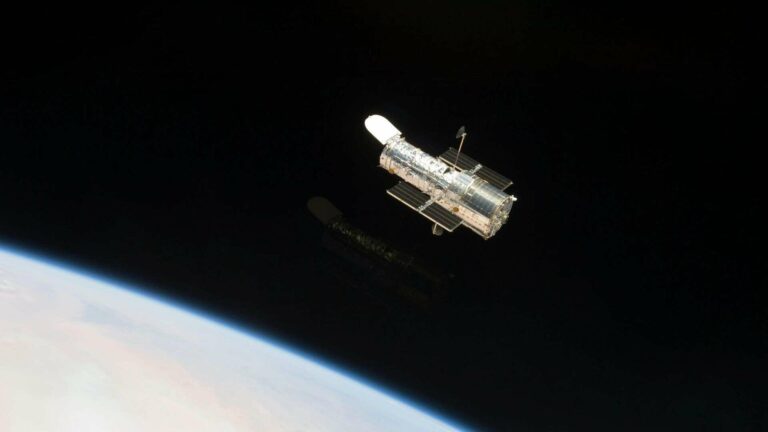 The Hubble Space Telescope as seen from the Space Shuttle Atlantis in May 2009, during the fifth and final servicing of the orbiting observatory