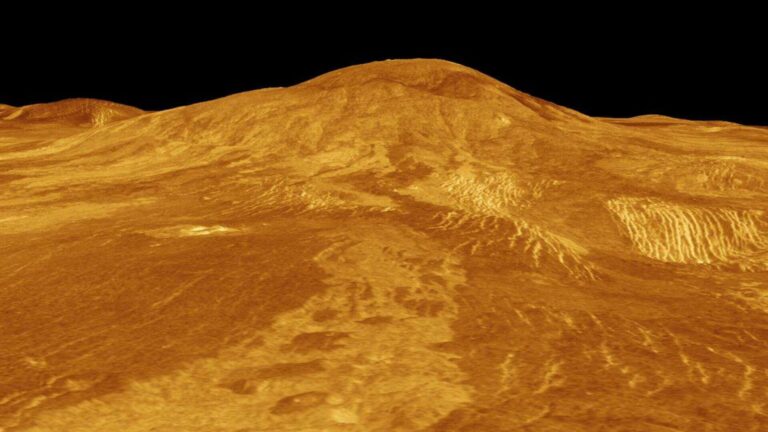 A computer-simulated view of the volcano Sif Mons on Venus, which showed volcanic activity between 1990 and 1992
