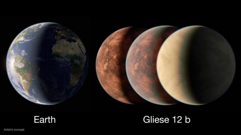 An artist's illustration compares Earth with different possible Gliese 12 b interpretations, from one with no atmosphere to one with a thick Venus-like one