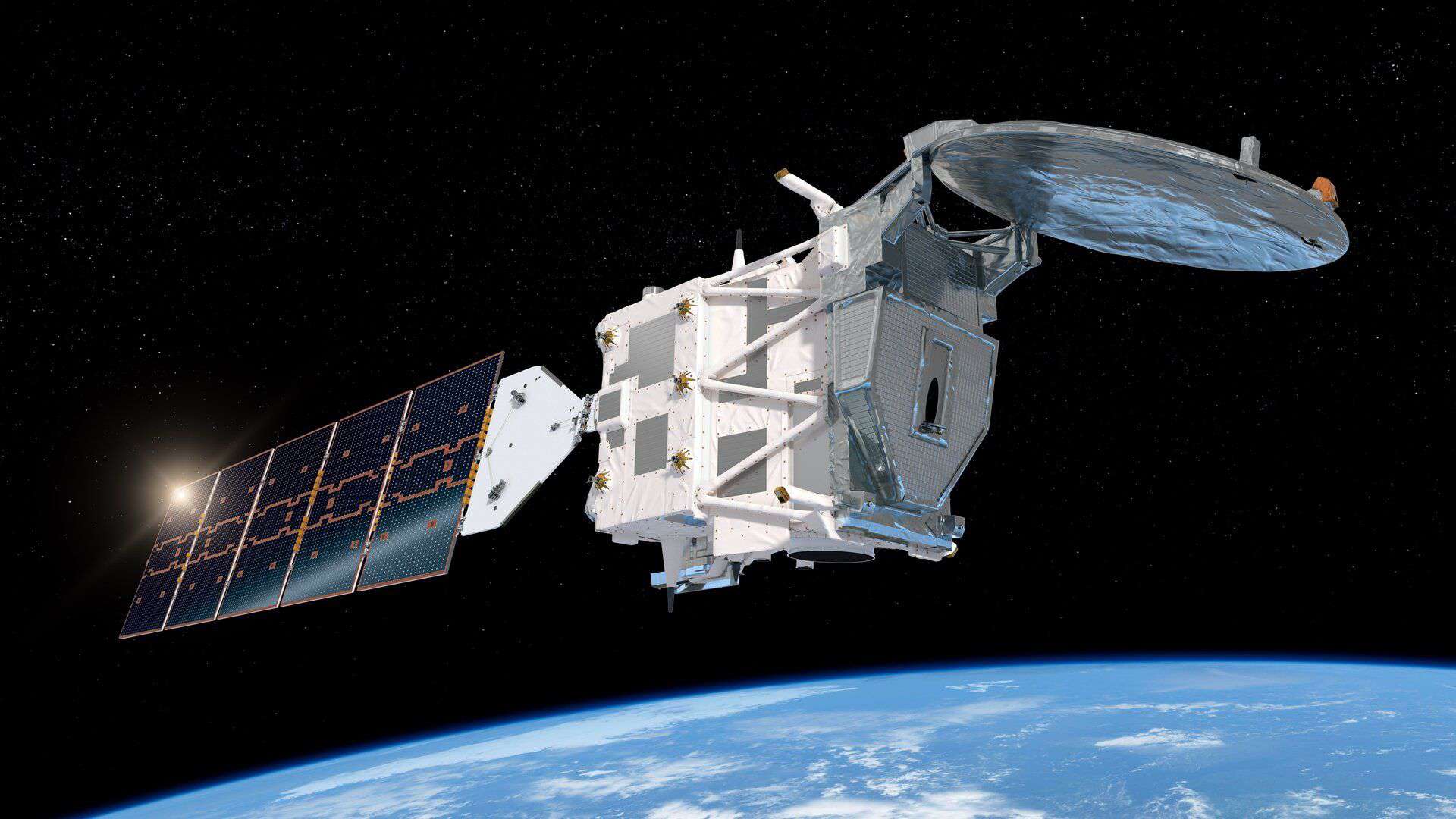 An artist's illustration of the EarthCARE satellite into space