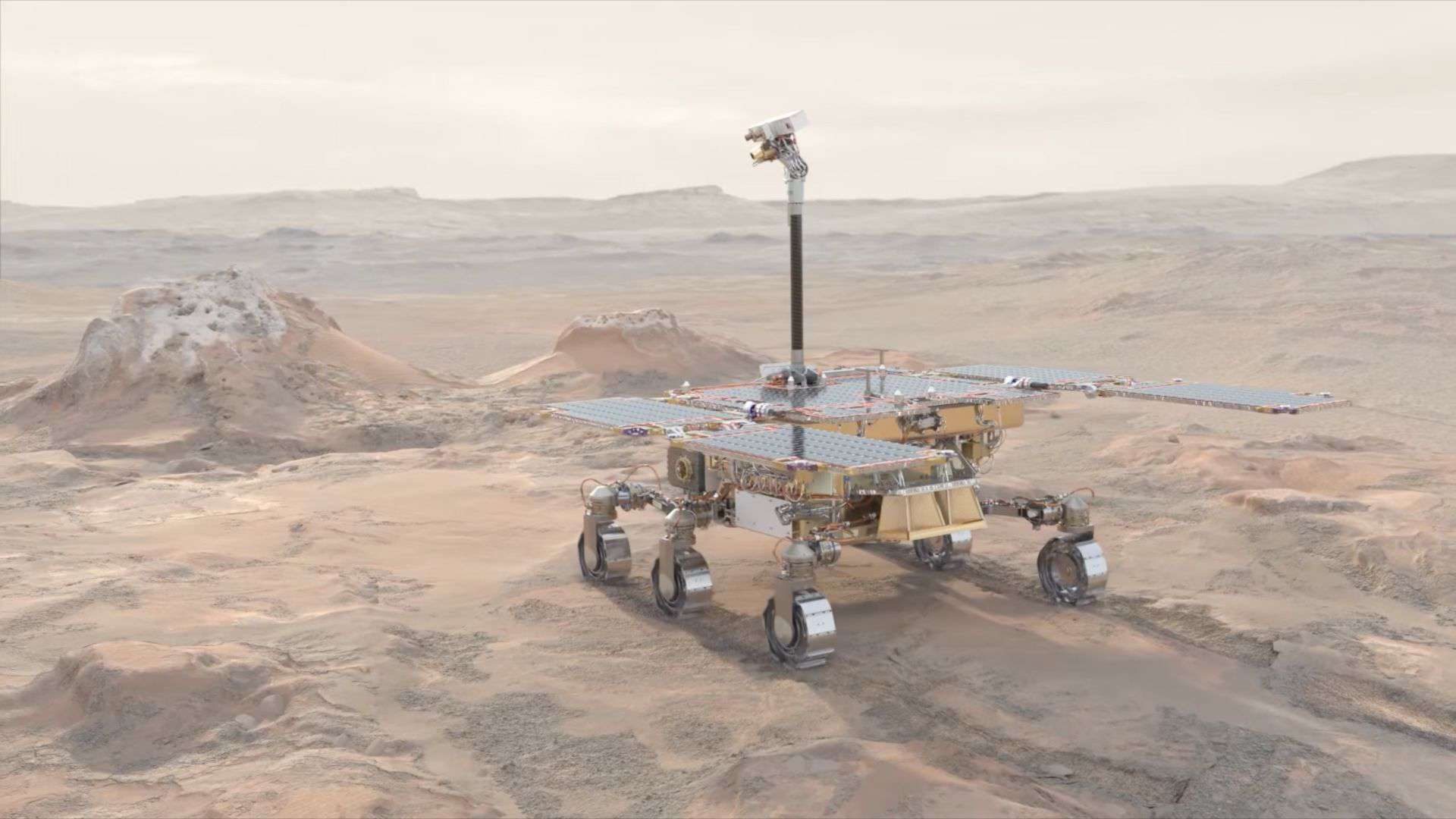 An artist's illustration of the Rosalind Franklin rover on Mars