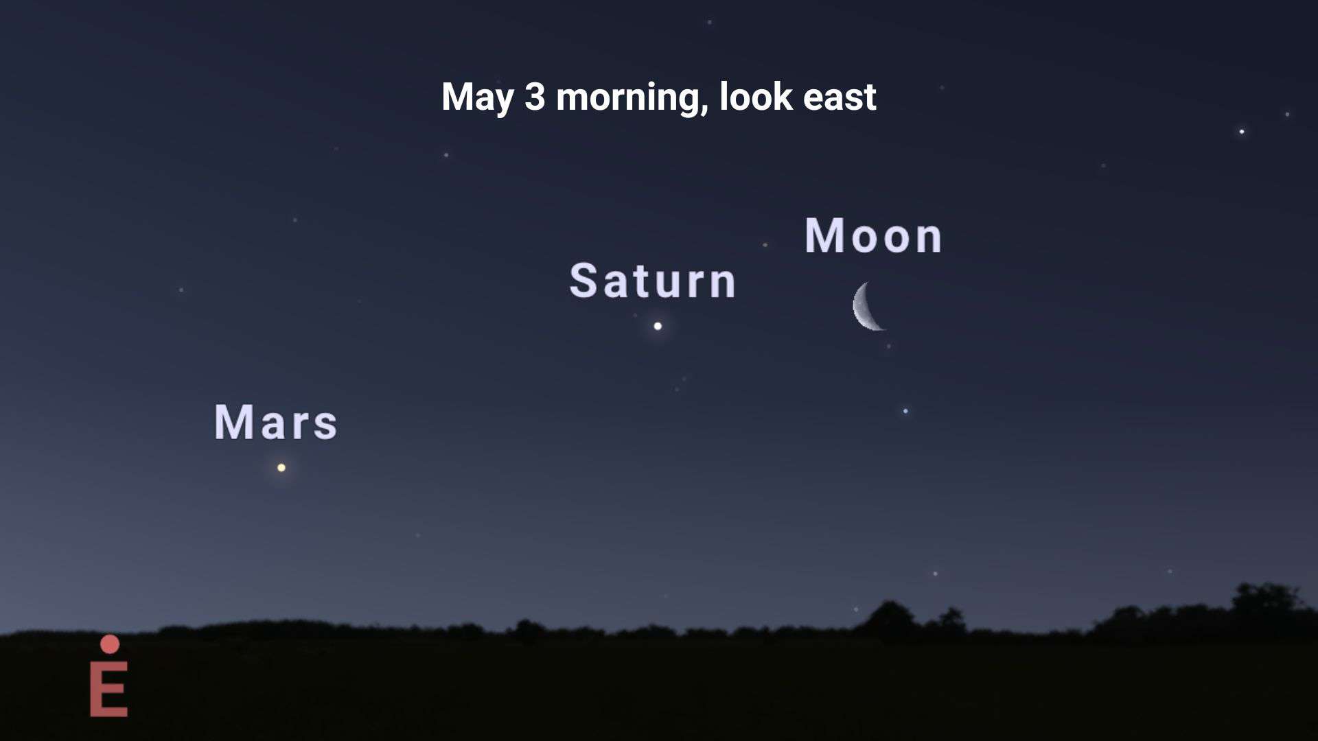 Saturn next to the waning crescent moon on the morning of May 3, 2024