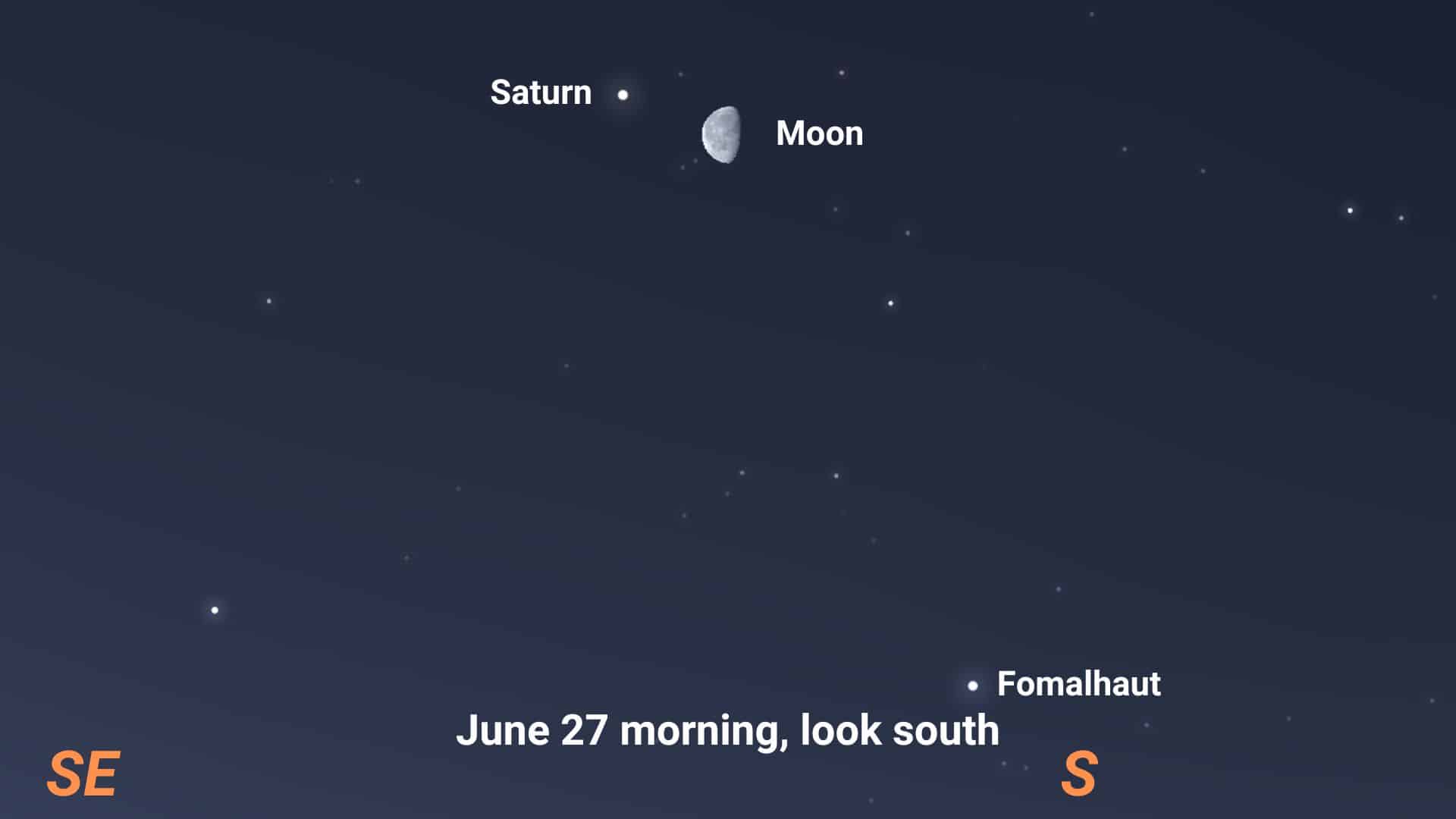 Saturn next to the waning gibbous moon on the morning of June 27, 2024