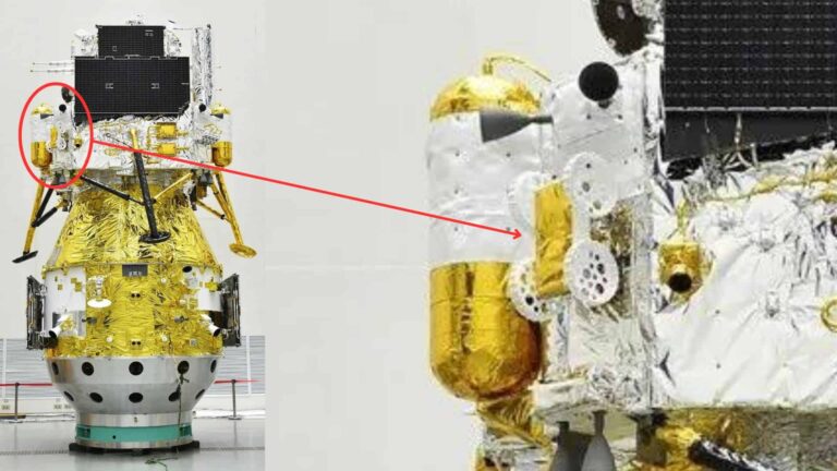 The image shows the Chang'e 6 spacecraft with a mini lunar rover attached to its outer wall