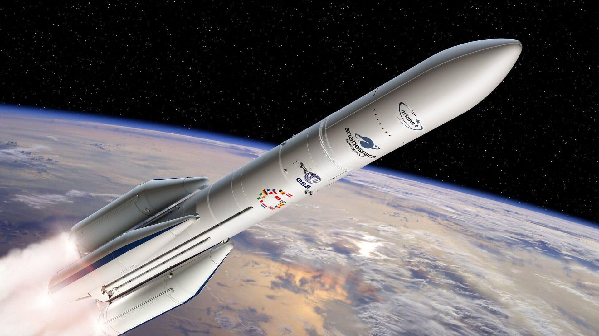 An artist's illustration of an Ariane 6 rocket using four boosters (A64)