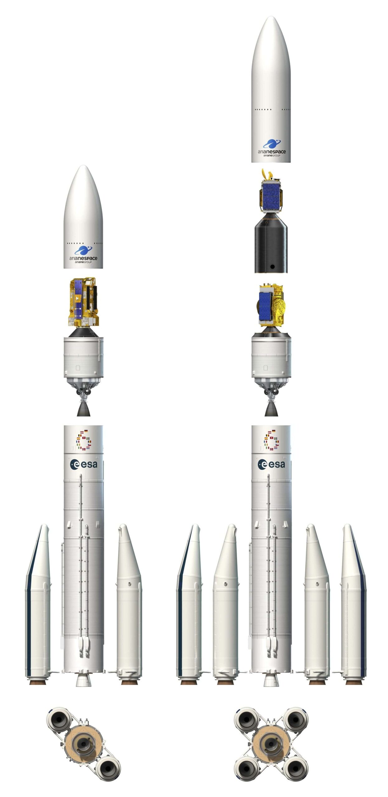 The components of the Ariane 6 rocket, with its two variants
