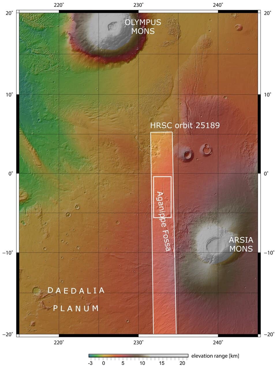 A broad view of Aganippe Fossa, along with Arsia Mons and Olympus Mons